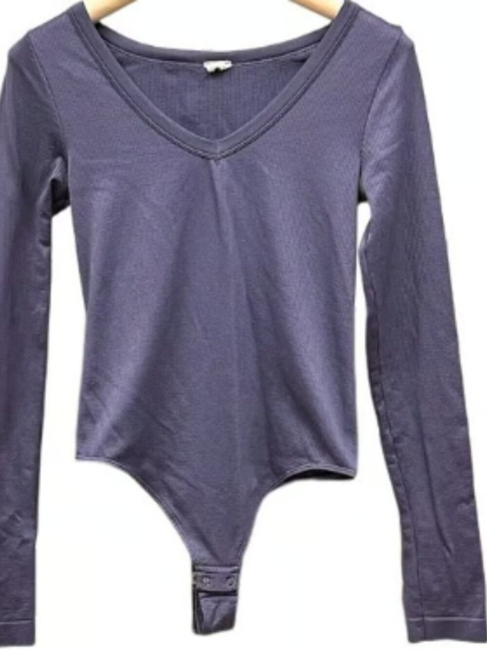Ribbed Knit Long Sleeve Top V-neck Blue Bodysuit Snap Closure Stretchy XS Comfy